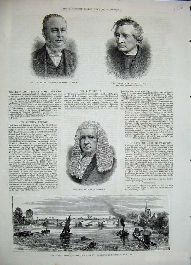 Old Antique Print 1886 Putney Bridge Justice Pearson Knox Brady Ireland 19th