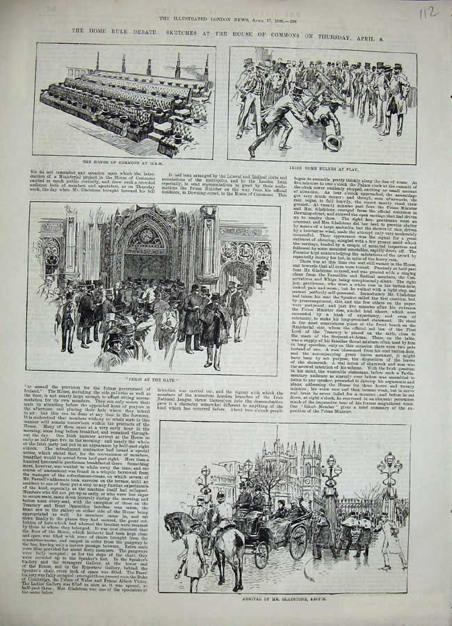 Original Old Antique Print 1886 Home Rule Debate House Commons Gladstone Peris