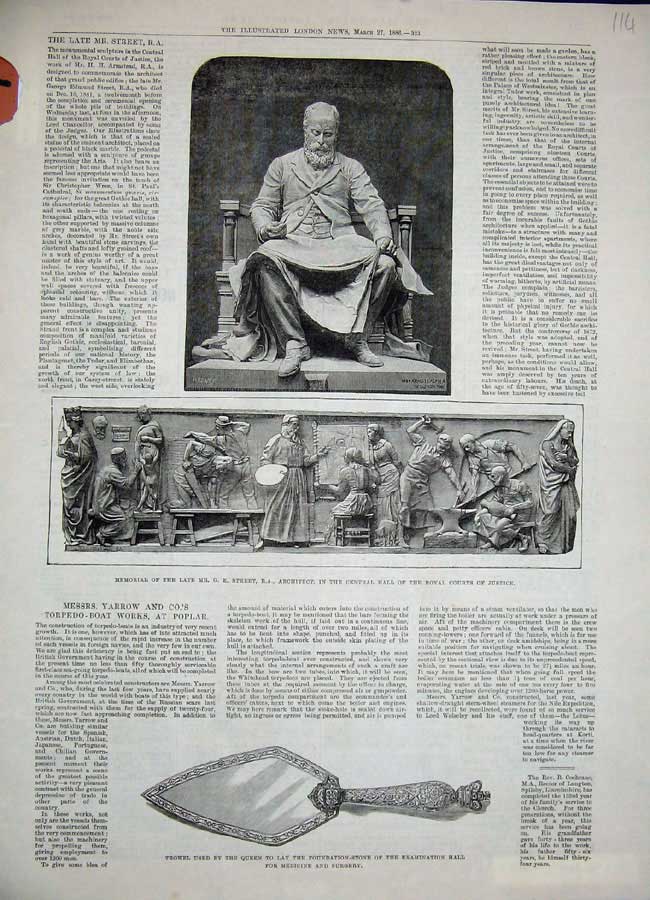 Original Old Antique Print 1886 Trowel Queen Memorial Architect Courts Justice