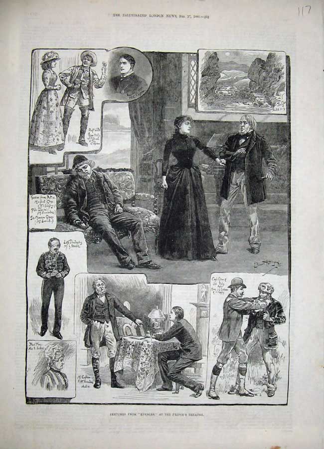 Original Old Antique Print 1886 Sketches Enemies Prince'S Theatre Scene Langtry