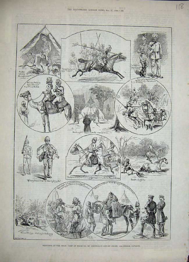 Old Antique Print 1886 Delhi Camp Exercise Lieutenant Offley Bengal Army 19th