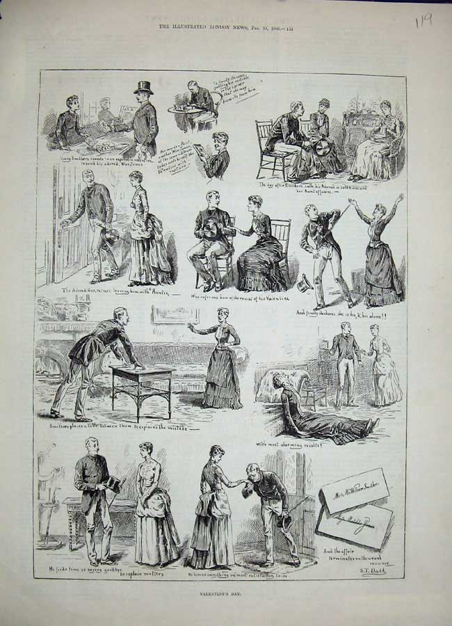 Old Antique Print 1886 Valentine'S Day Scenes Romance Men Women Letters 19th