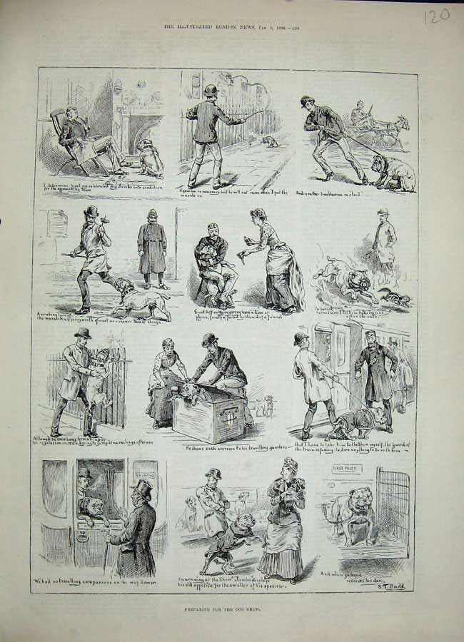 Original Old Antique Print 1886 Dog Show Animals Train Man Street Transport