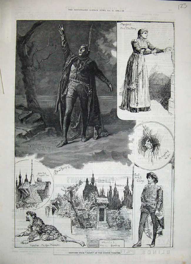 Old Antique Print 1886 Sketches Faust Lyceum Theatre Irving Martha Garden 19th
