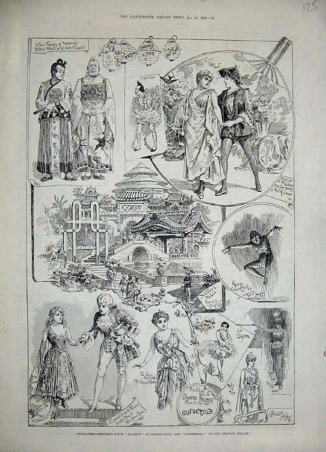 Original Old Antique Print 1886 Aladdin Drury Lane Theatre Cinderella Crystal