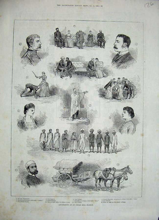 Old Antique Print 1886 Amusements Indian Hill Station Horses Tonga Nawab 19th