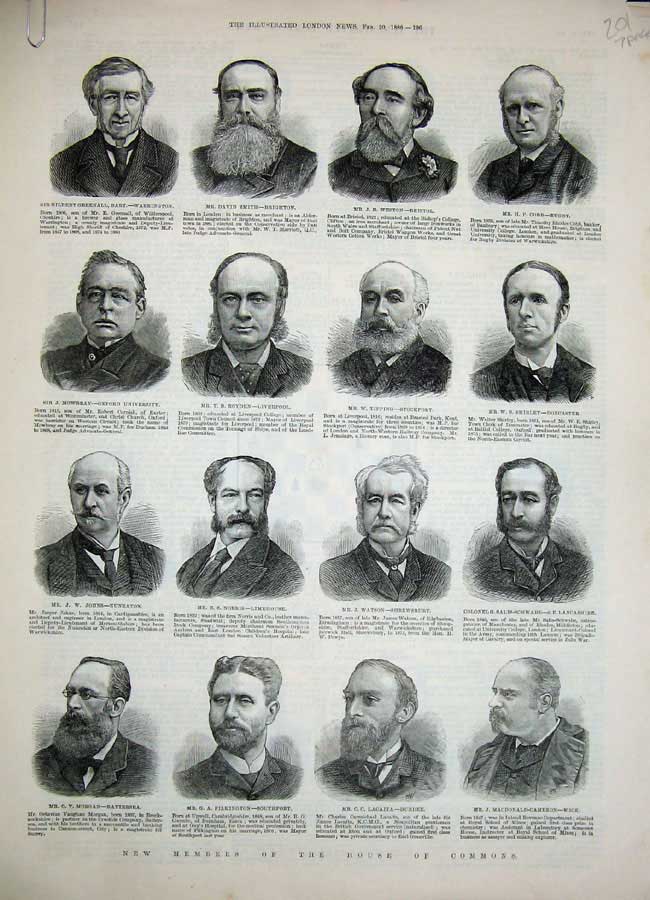 Original Old Antique Print 1886 New Members House Commons Parliament Men Wick