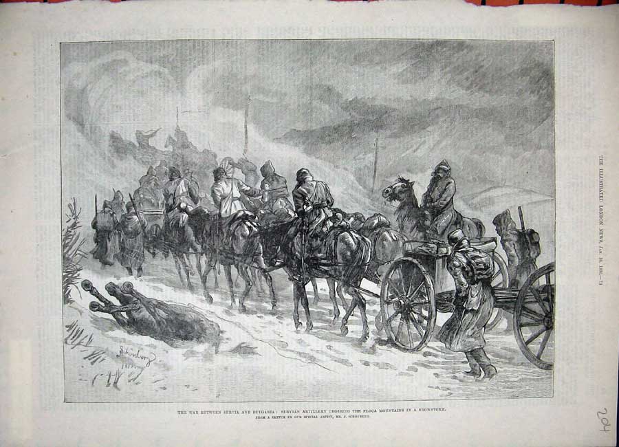 Old Antique Print 1886 War Servia Bulgaria Artillery Ploca Mountains Snow 19th