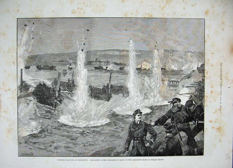 Original Old Antique Print 1886 Torpedo Practice Portsmouth Mines Whale Island