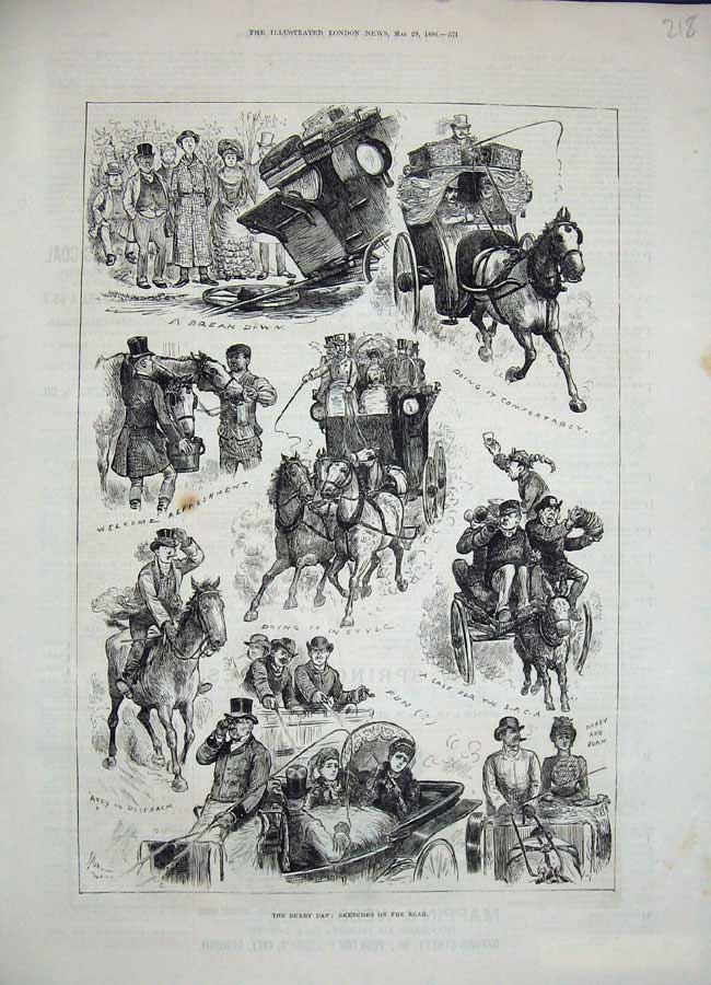 Original Old Antique Print 1886 Derby Day Horse Racing Sport Carriage Victorian
