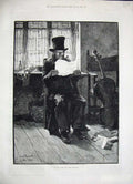 Original Old Antique Print 1886 Fine Art Man Sitting Chair Reading Victorian