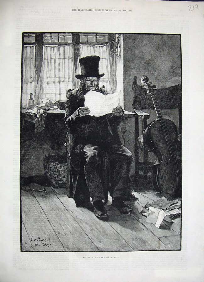 Original Old Antique Print 1886 Fine Art Man Sitting Chair Reading Victorian