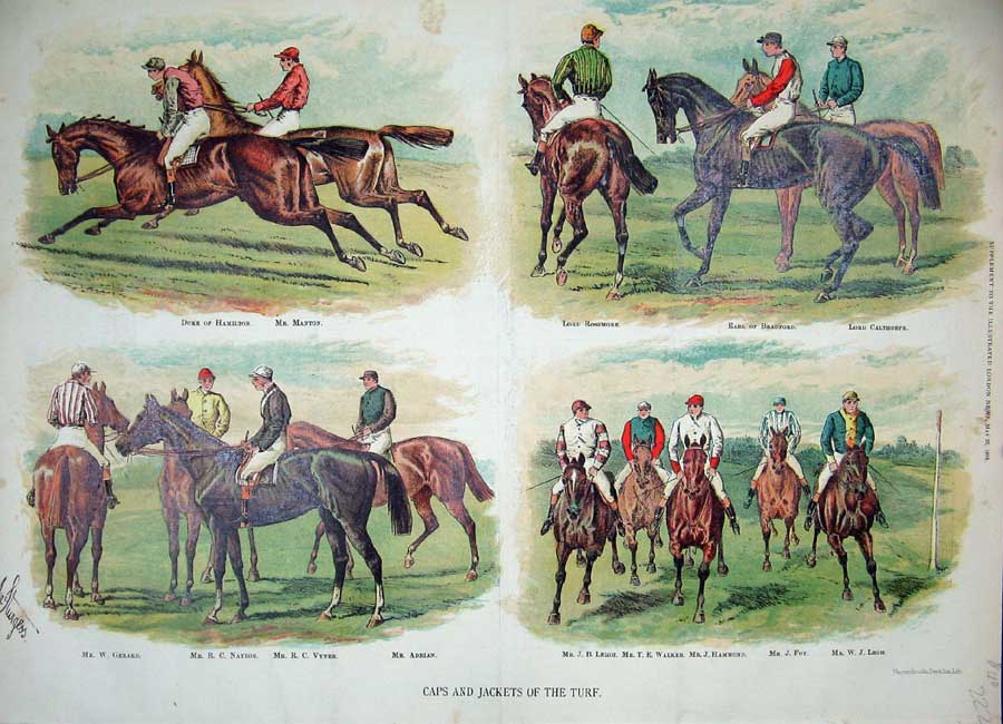Original Old Antique Print 1886 Colour Horse Racing Sport Manton Naylor Vyner