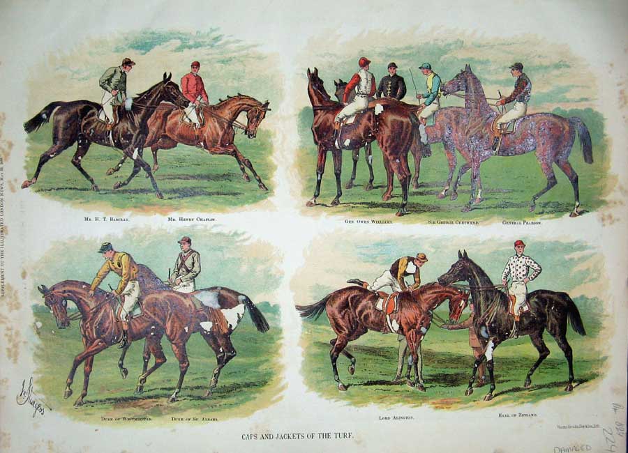 Old Antique Print 1886 Colour Horse Racing Sport Chaplin Albans Damaged 19th