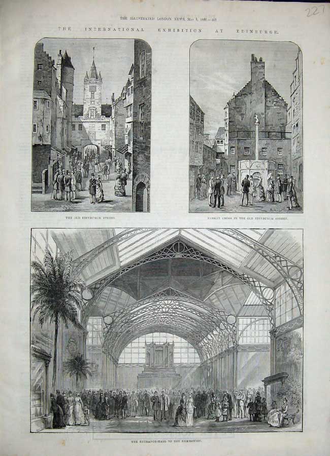 Original Old Antique Print 1886 International Exhibition Edinburgh Market Cross