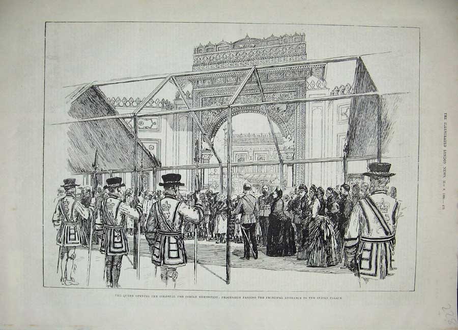 Old Antique Print 1886 Queen Colonial Indian Exhibition Procession Palace 19th