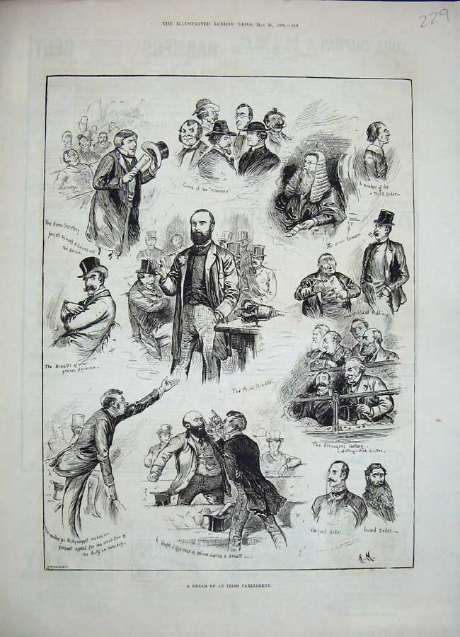 Old Antique Print 1886 Ireland Parliament Prime Minister Home Secretary 19th
