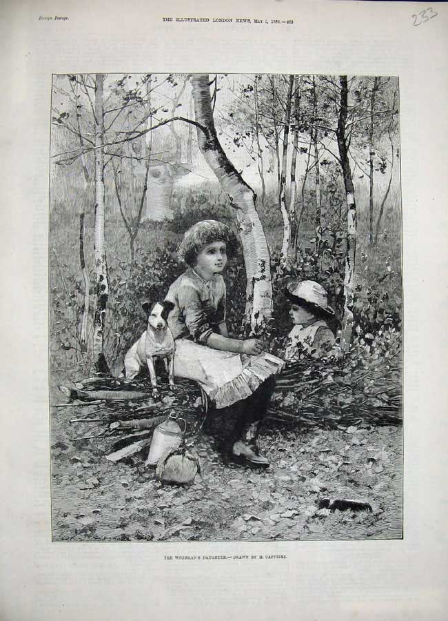 Old Antique Print 1886 Woodman'S Daughter Woods Little Girl Dog Country 19th