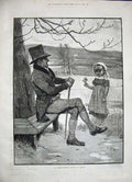 Original Old Antique Print 1886 Rainey Fine Art Little Girl Flowers Man Bench