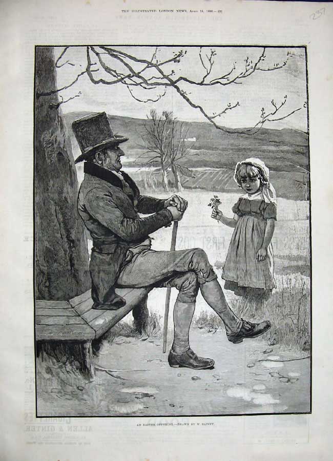 Original Old Antique Print 1886 Rainey Fine Art Little Girl Flowers Man Bench