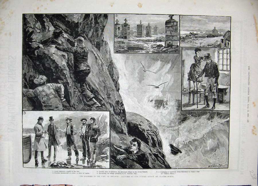 Original Old Antique Print 1886 Ireland Arran Fisherman Kilronan Tombs Fine Art