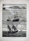 Original Old Antique Print 1886 Boston Deap-Sea Fishery Steam-Trawlers Dock Sea