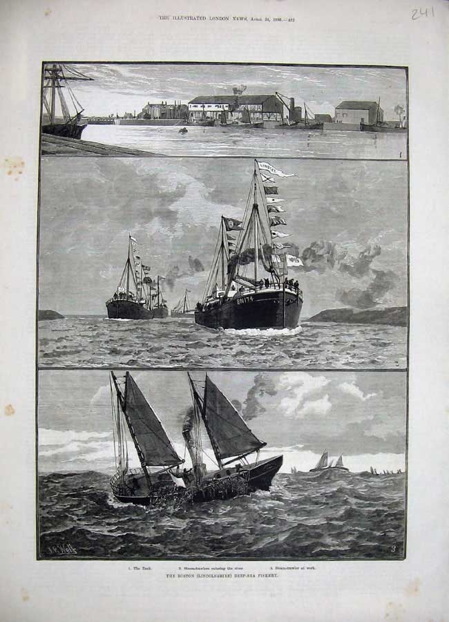Original Old Antique Print 1886 Boston Deap-Sea Fishery Steam-Trawlers Dock Sea
