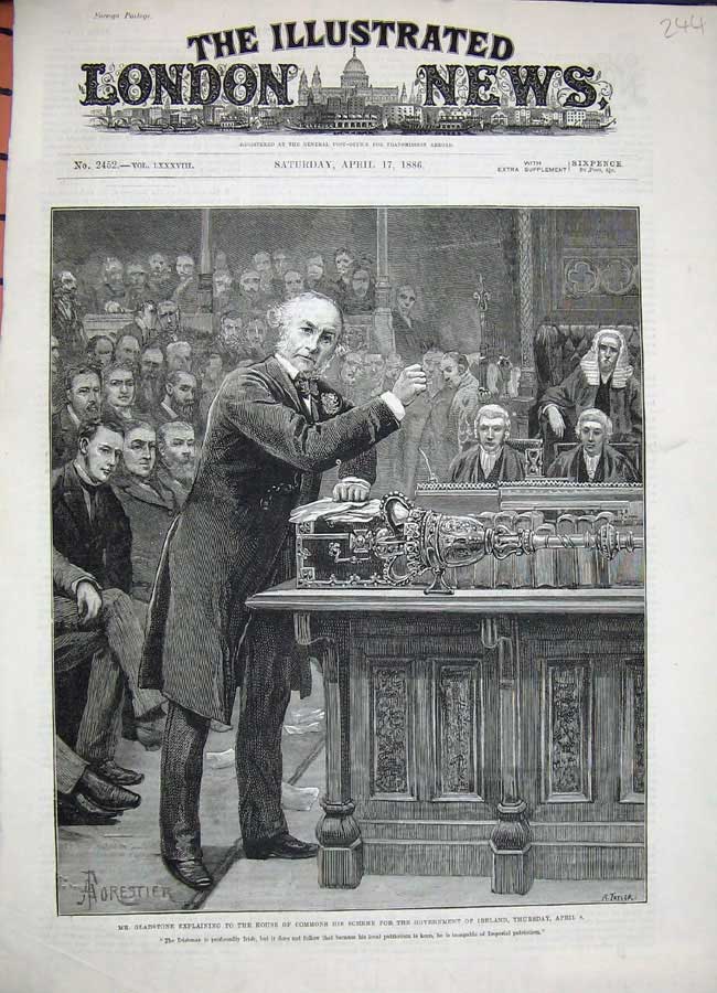 Original Old Antique Print 1886 Gladstone House Commons Government Ireland Man