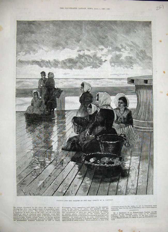 Old Antique Print 1886 Caffieri Fine Art Ladies Waiting Fishermen Baskets 19th