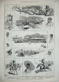 Original Old Antique Print 1886 Rangoon Autumn Horse Racing Sport Burmese Lady