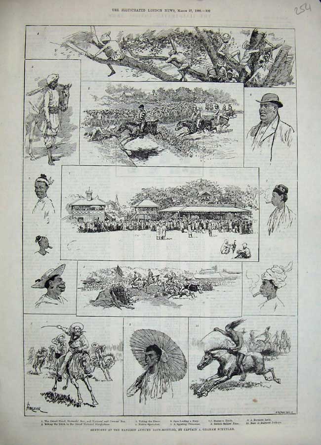 Original Old Antique Print 1886 Rangoon Autumn Horse Racing Sport Burmese Lady