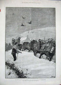 Original Old Antique Print 1886 Snowstorm Northumberland Snow-Plough Horses