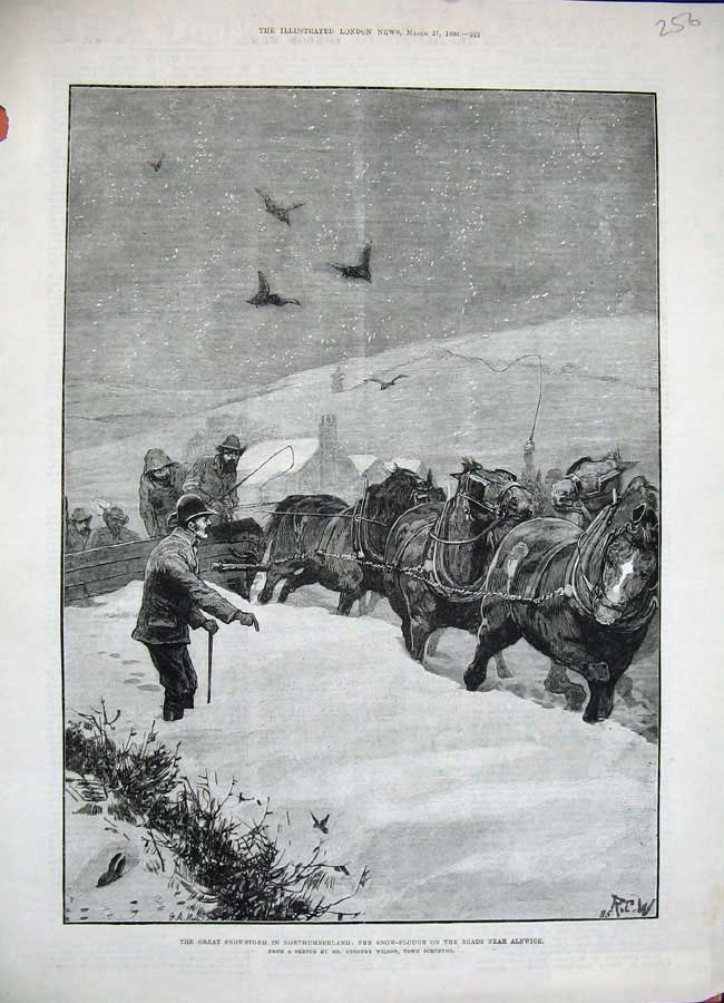 Original Old Antique Print 1886 Snowstorm Northumberland Snow-Plough Horses