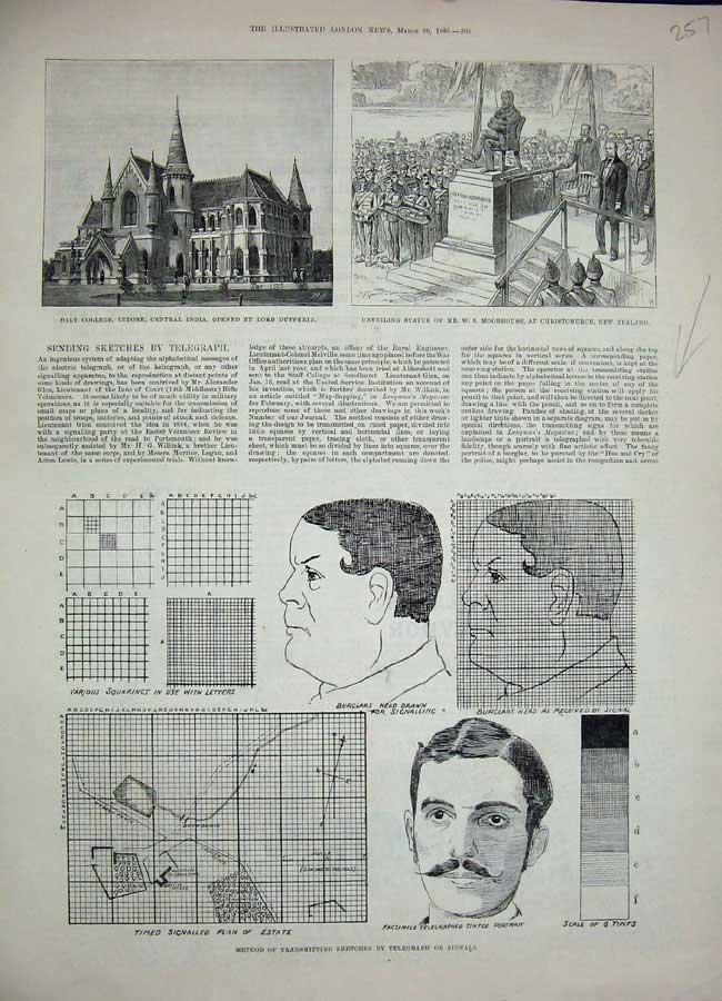 Original Old Antique Print 1886 College Indore India Statue Moorhouse Telegraph