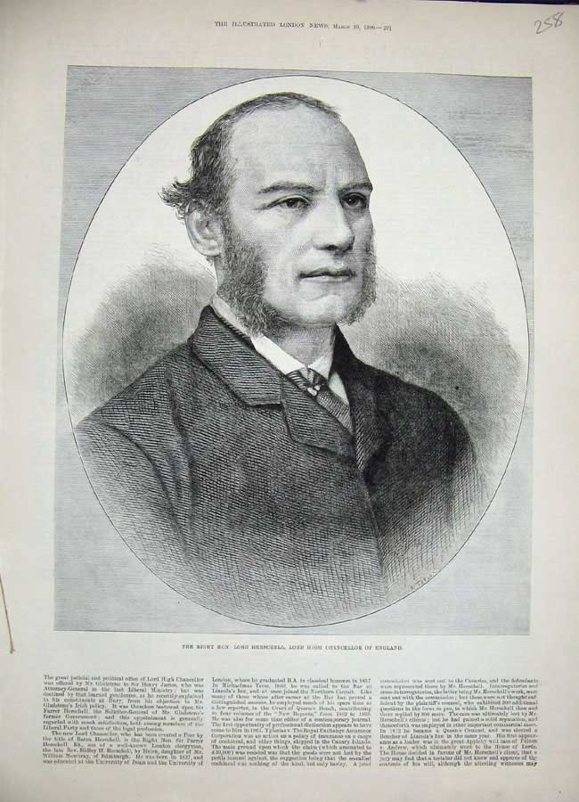 Original Old Antique Print 1886 Portrait Lord Herschell High Chancellor England