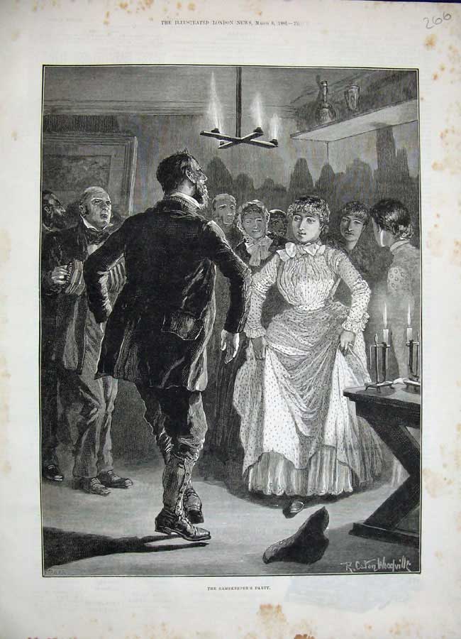 Original Old Antique Print 1886 Gamekeepers Party Dancing Men Women Woodville