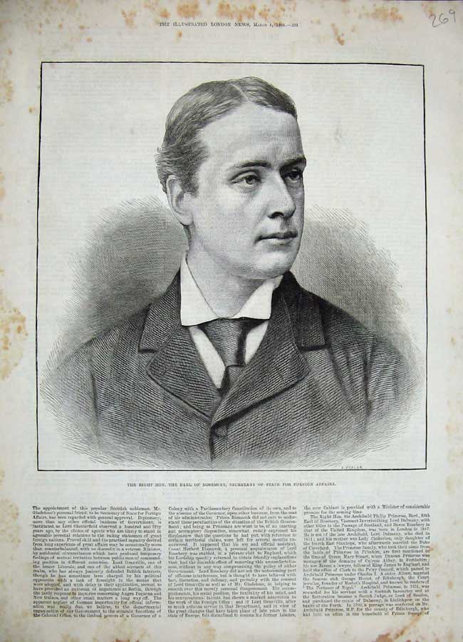 Old Antique Print 1886 Earl Roseberry Secretary State Foreign Affairs Man 19th