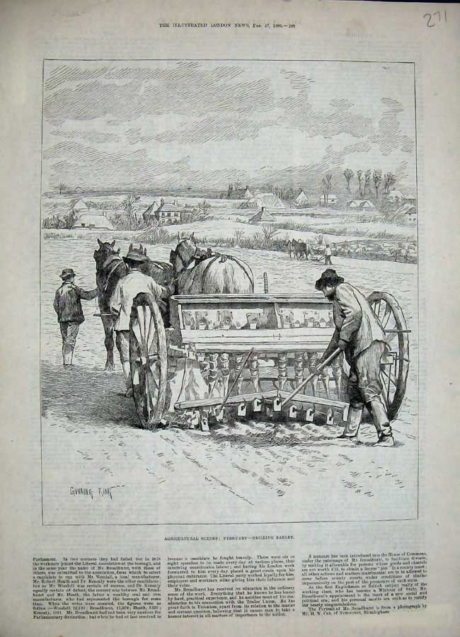 Original Old Antique Print 1886 Agricultural Drilling Barley Farming Horses Men