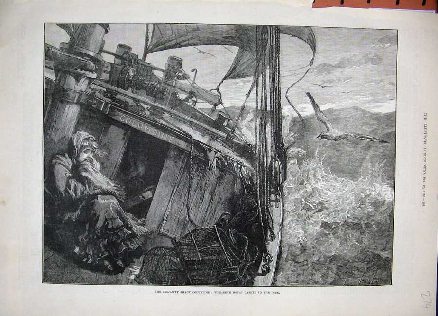 Old Antique Print 1886 Castaway Smack Columbine Elizabeth Mouat Deck Ship 19th