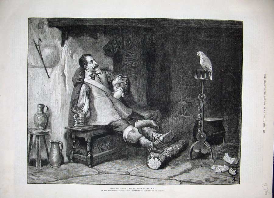 Original Old Antique Print 1886 Seymour Lucas Fine Art Cronies Man Bird Stool
