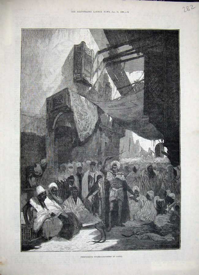 Old Antique Print 1886 Performing Snake Charmers Cairo Egypt Street Town 19th