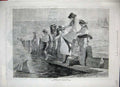 Original Old Antique Print 1886 Little Children Anglers Fishing Yachts Pier Sea