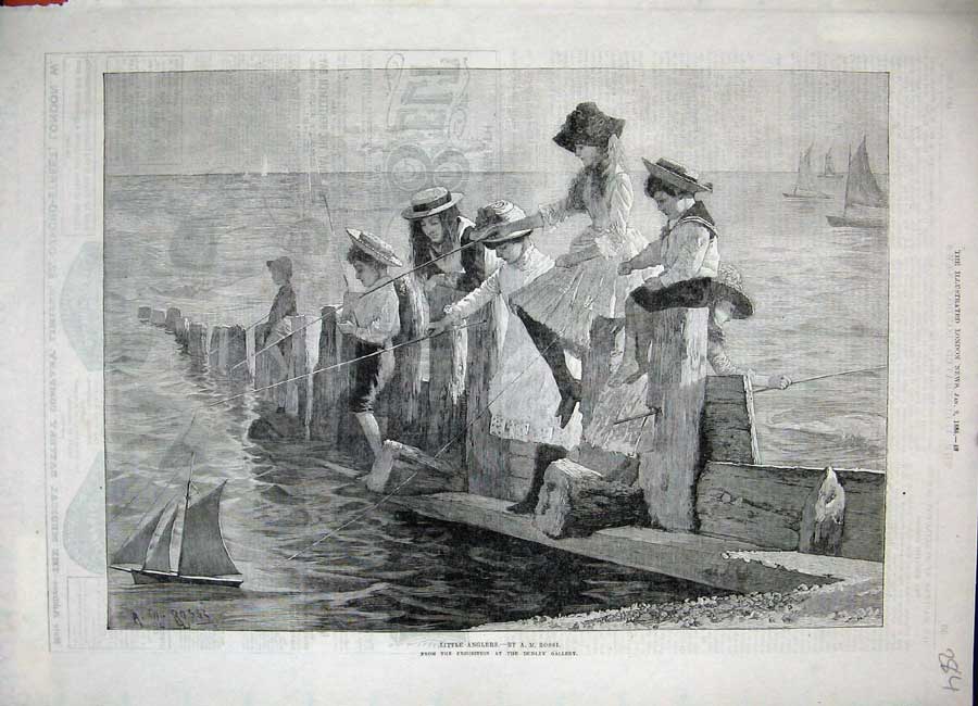 Original Old Antique Print 1886 Little Children Anglers Fishing Yachts Pier Sea