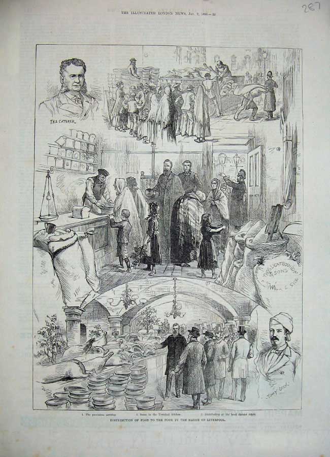 Original Old Antique Print 1886 Food Poor People Mayor Liverpool Kitchen Cook