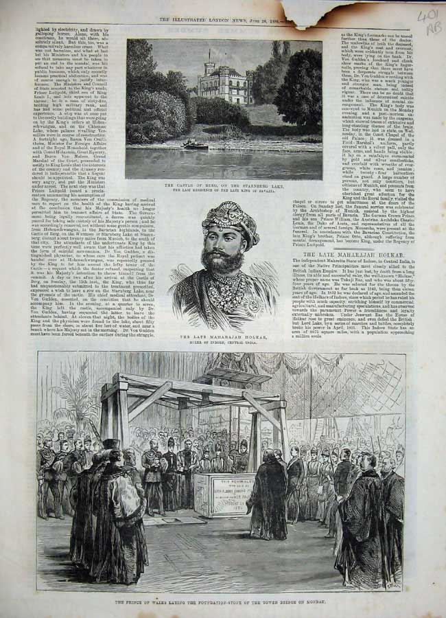 Antique Old Print 1886 Castle Starnberg Holkar King Bavaria Palace Munich 19th