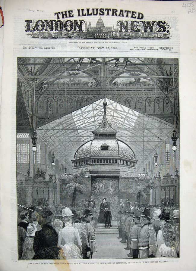 Old Antique Print 1886 Queen Liverpool Exhibition Mayor Dais Kensington 19th