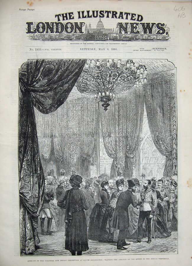 Antique Old Print 1886 Indian Exhibition Kensington Queen Liverpool Horse 19th
