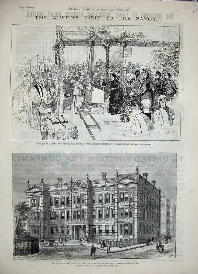 Old Antique Print 1886 Queen Savoy Building Medicine Surgery Chapel Font 19th