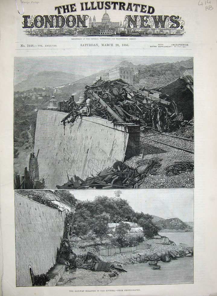 Antique Old Print 1886 Railway Crash Train Riviera France Monte Carlo Art 19th