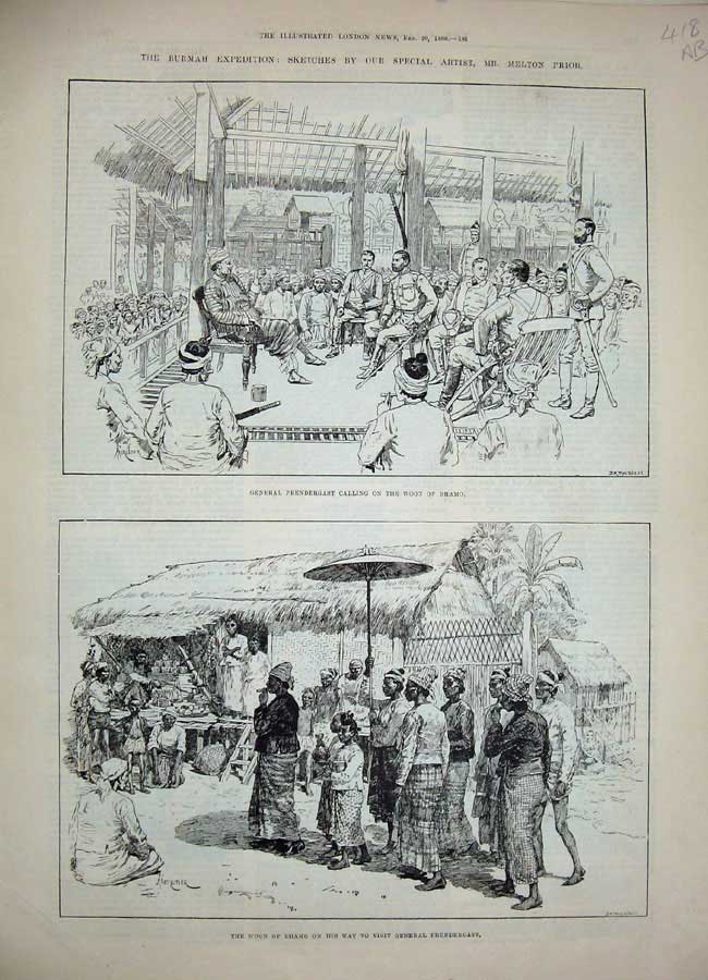 Old Antique Print 1886 General Prendergast Woon Bhamo Moungoo Pagan Fort 19th
